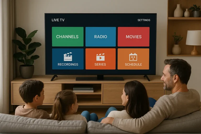 Familie sitzt entspannt im Wohnzimmer und schaut Fernsehen über Smart IPTV auf einem modernen 4K-Smart-TV