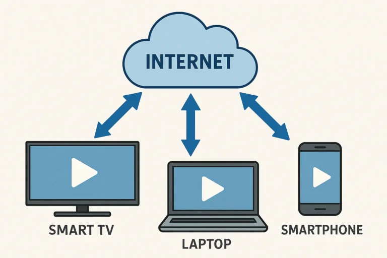 Darstellung eines Netzwerks mit Smart-TV, Laptop und Smartphone, die über das Internet Smart IPTV empfangen