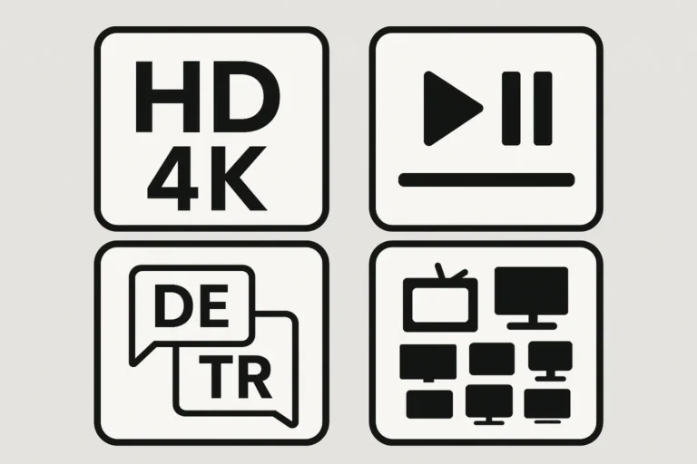 Symbole für Smart IPTV Vorteile: HD- und 4K-Bildqualität, Play- und Pause-Funktion, Untertitel auf Deutsch und Türkisch, große Senderauswahl
