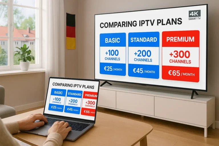 IPTV kaufen – Person vergleicht IPTV-Angebote auf Laptop und 4K-Smart-TV