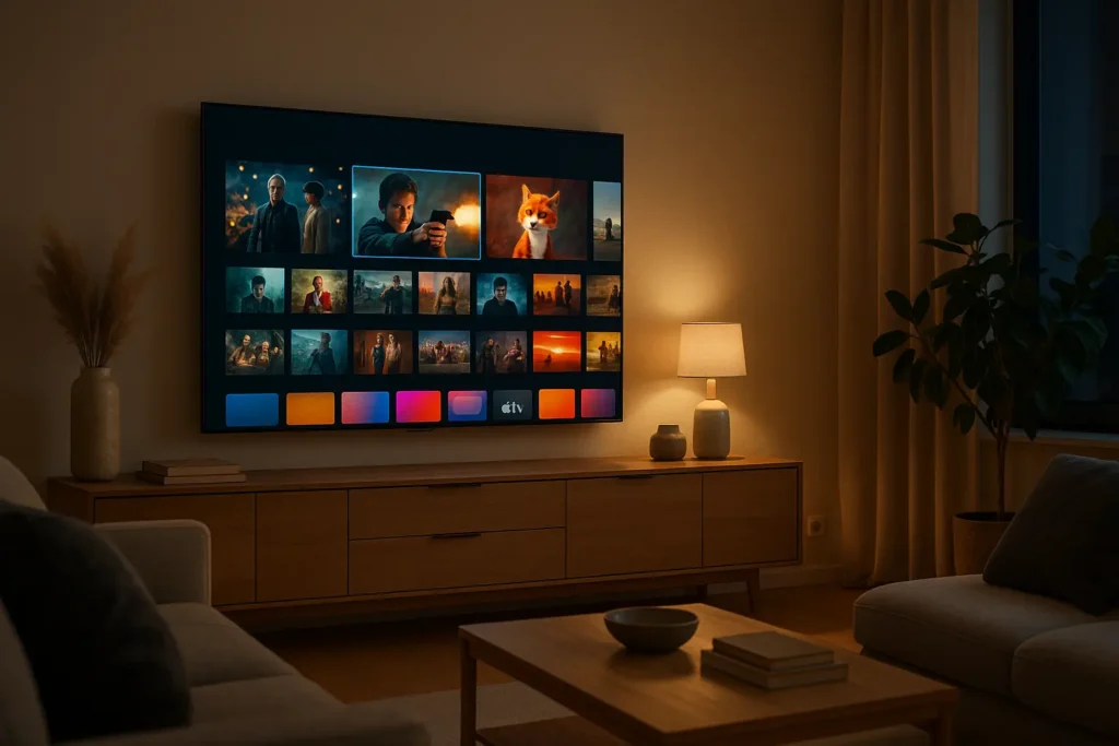 Modernes Wohnzimmer mit wandmontiertem 4K-Smart-TV und neutraler Streaming-Oberfläche – Symbolbild für Smart IPTV