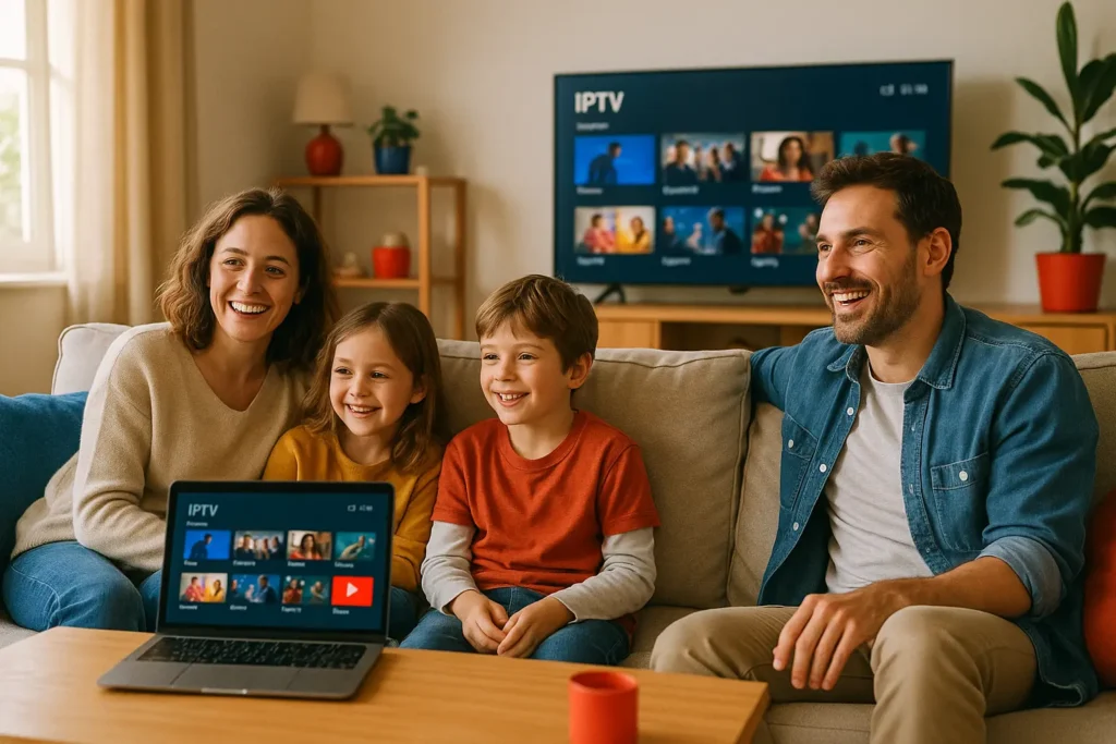 Familie schaut IPTV gemeinsam – neutrales Streaming-Interface auf Laptop und Smart-TV