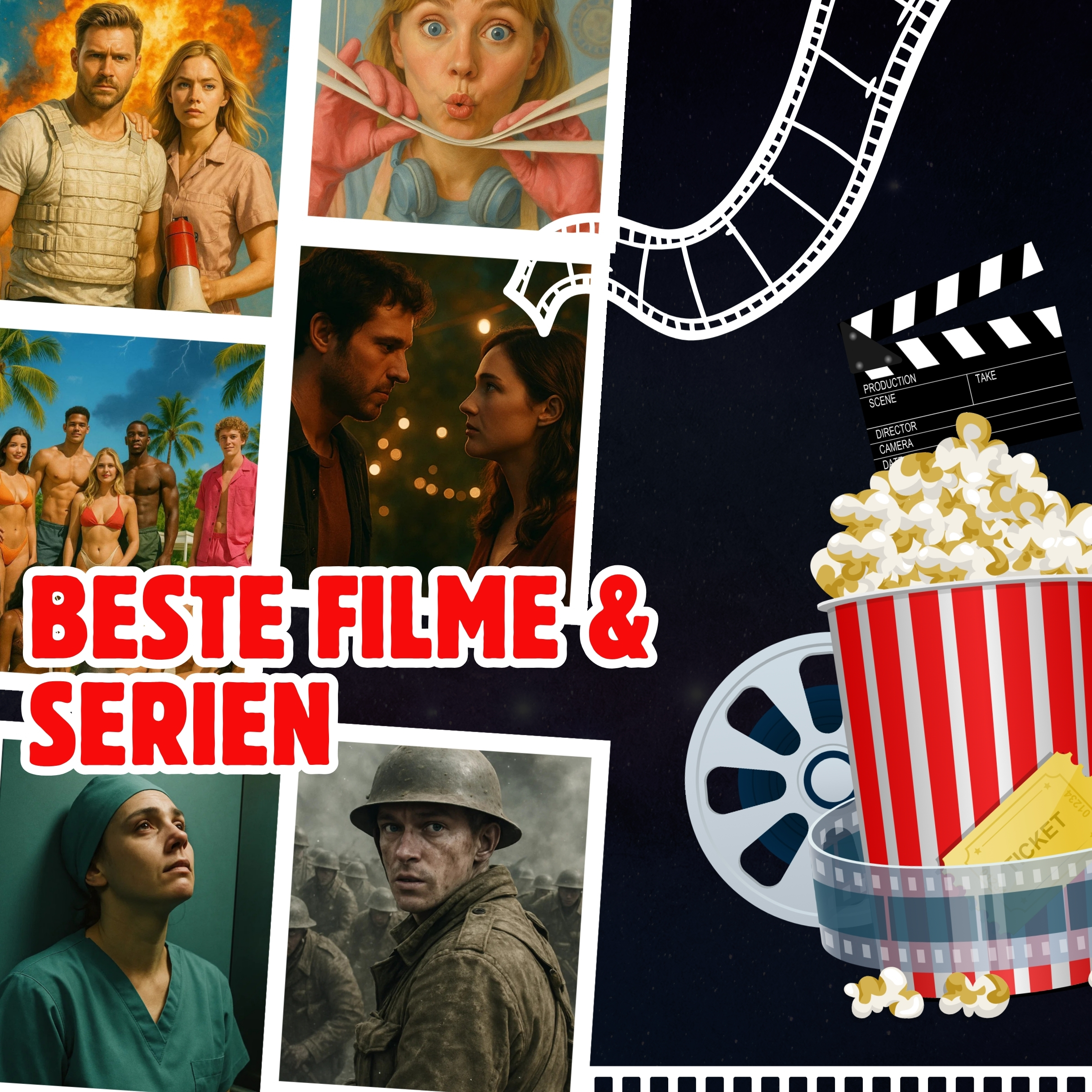 Smart IPTV – Beste Filme & Serien: Collage mit Kino-Motiven, Blockbustern und Popcorn; On-Demand in HD/4K bei SmartIPTVAbo