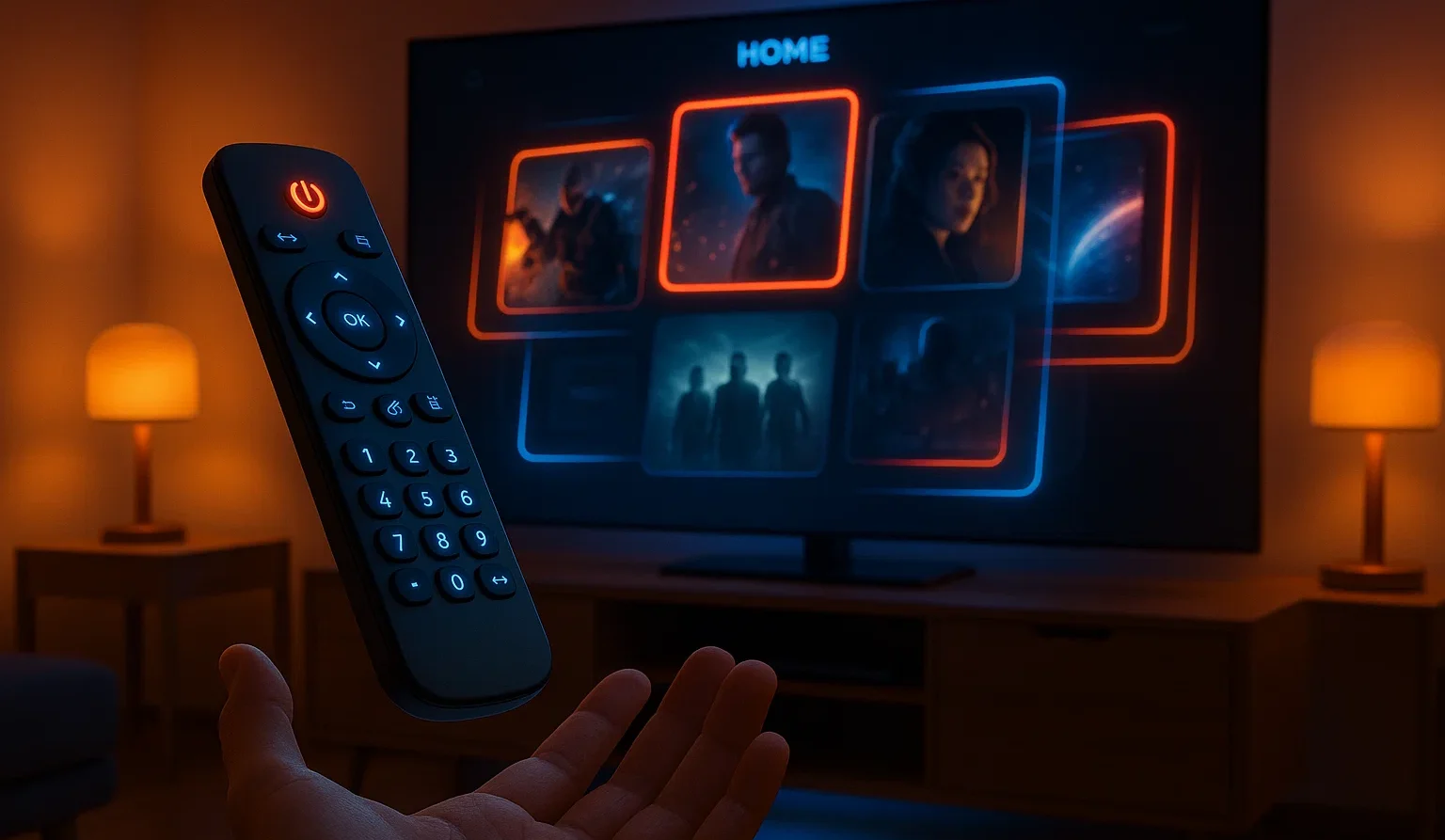 Smart IPTV – Fernbedienung vor TV-Menü im Wohnzimmer; Filme & Serien in HD/4K bequem mit SmartIPTVAbo streamen